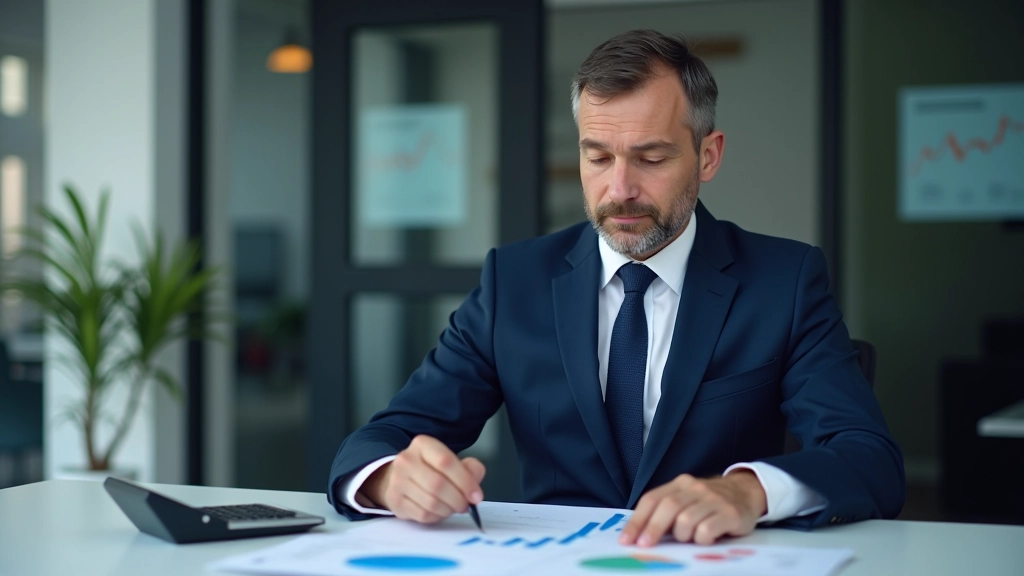 Bankininkas prie stalo su grafikais, finansų dokumentais ir skaičiavimo mašina, modernus biuro interjeras