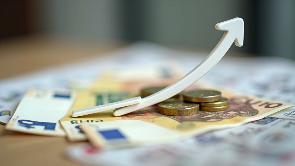Apsimetusios banknoto ir monetos pav­iršuje su kylančiais strėlės grafiniu vaizdu