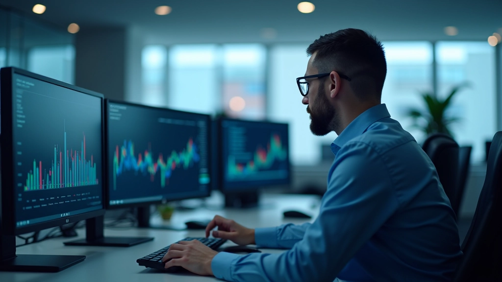 Finansų analitiko prie kompiuterio, rodantis grafikus ir duomenis, verslo aplinkoje